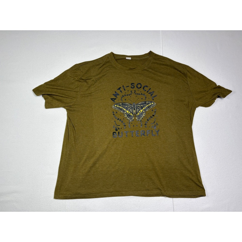 Anti-Social Butterfly Graphic T-Shirt Olive Green Short Sleeve Crew Neck Tee
